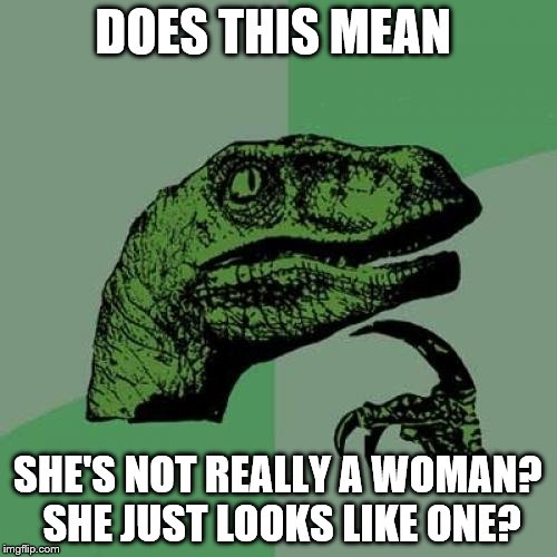 Philosoraptor Meme | DOES THIS MEAN SHE'S NOT REALLY A WOMAN? SHE JUST LOOKS LIKE ONE? | image tagged in memes,philosoraptor | made w/ Imgflip meme maker