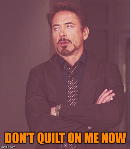Face You Make Robert Downey Jr Meme | DON'T QUILT ON ME NOW | image tagged in memes,face you make robert downey jr | made w/ Imgflip meme maker