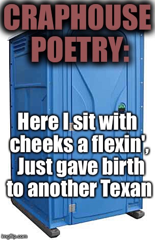 CRAPHOUSE POETRY | CRAPHOUSE POETRY:; Here I sit with cheeks a flexin', 
Just gave birth to another Texan | image tagged in craphouse poetry | made w/ Imgflip meme maker