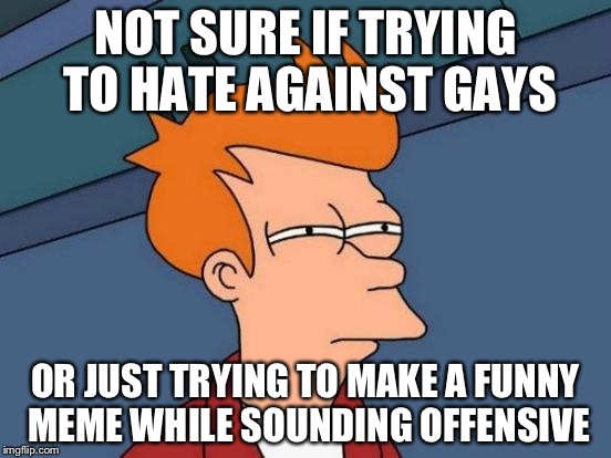 Futurama Fry Meme | NOT SURE IF TRYING TO HATE AGAINST GAYS OR JUST TRYING TO MAKE A FUNNY MEME WHILE SOUNDING OFFENSIVE | image tagged in memes,futurama fry | made w/ Imgflip meme maker