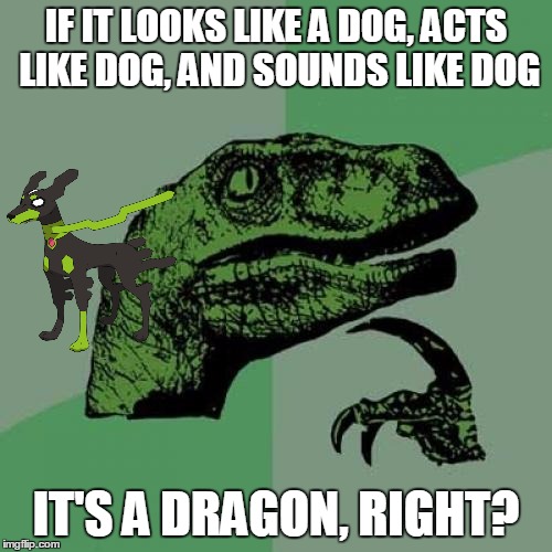 Philosoraptor Meme | IF IT LOOKS LIKE A DOG, ACTS LIKE DOG, AND SOUNDS LIKE DOG; IT'S A DRAGON, RIGHT? | image tagged in memes,philosoraptor | made w/ Imgflip meme maker