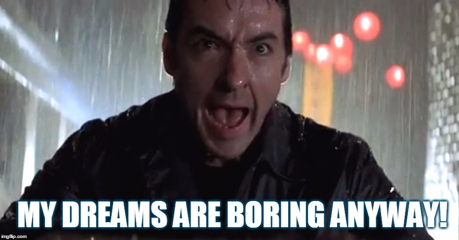 Cusack Rage | MY DREAMS ARE BORING ANYWAY! | image tagged in cusack rage | made w/ Imgflip meme maker