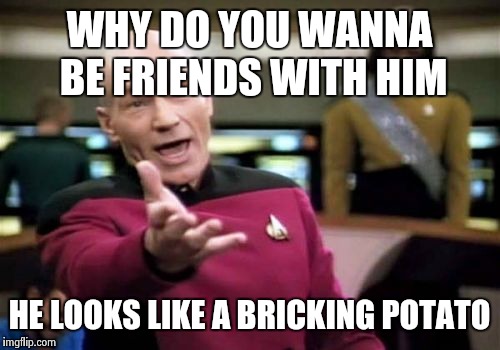 Picard Wtf | WHY DO YOU WANNA BE FRIENDS WITH HIM; HE LOOKS LIKE A BRICKING POTATO | image tagged in memes,picard wtf | made w/ Imgflip meme maker