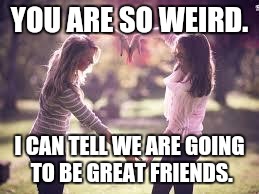 Friends | YOU ARE SO WEIRD. I CAN TELL WE ARE GOING TO BE GREAT FRIENDS. | image tagged in friendship | made w/ Imgflip meme maker
