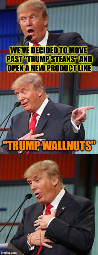 Trump Steaks may have been a bust, but this will surely work! After all, he has "A very good brain"! | WE'VE DECIDED TO MOVE PAST "TRUMP STEAKS" AND OPEN A NEW PRODUCT LINE; "TRUMP WALLNUTS" | image tagged in bad pun trump,wallnuts,memes,funny | made w/ Imgflip meme maker