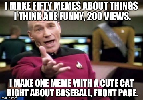 That "right" was an error, ignore it | I MAKE FIFTY MEMES ABOUT THINGS I THINK ARE FUNNY, 200 VIEWS. I MAKE ONE MEME WITH A CUTE CAT RIGHT ABOUT BASEBALL, FRONT PAGE. | image tagged in memes,picard wtf | made w/ Imgflip meme maker