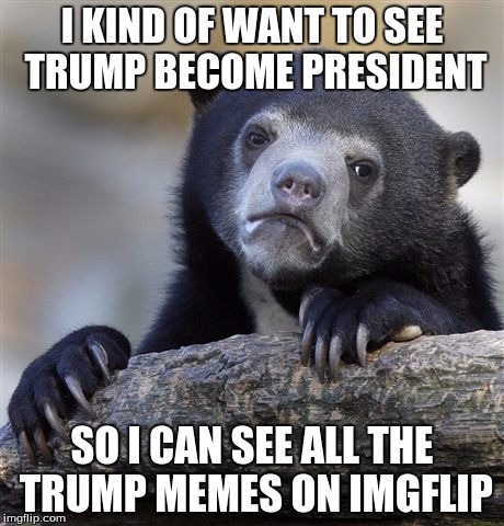 Confession Bear | I KIND OF WANT TO SEE TRUMP BECOME PRESIDENT; SO I CAN SEE ALL THE TRUMP MEMES ON IMGFLIP | image tagged in memes,confession bear | made w/ Imgflip meme maker