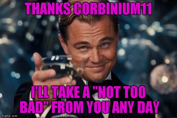 Leonardo Dicaprio Cheers Meme | THANKS CORBINIUM11 I'LL TAKE A "NOT TOO BAD" FROM YOU ANY DAY | image tagged in memes,leonardo dicaprio cheers | made w/ Imgflip meme maker