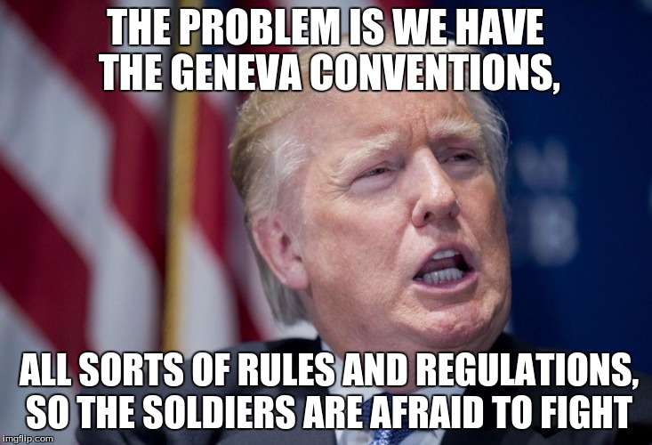 Donald Trump Derp | THE PROBLEM IS WE HAVE THE GENEVA CONVENTIONS, ALL SORTS OF RULES AND REGULATIONS, SO THE SOLDIERS ARE AFRAID TO FIGHT | image tagged in donald trump derp | made w/ Imgflip meme maker