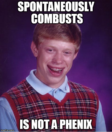Bad Luck Brian | SPONTANEOUSLY COMBUSTS; IS NOT A PHENIX | image tagged in memes,bad luck brian | made w/ Imgflip meme maker
