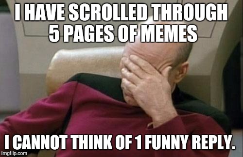 Captain Picard Facepalm Meme | I HAVE SCROLLED THROUGH 5 PAGES OF MEMES; I CANNOT THINK OF 1 FUNNY REPLY. | image tagged in memes,captain picard facepalm | made w/ Imgflip meme maker