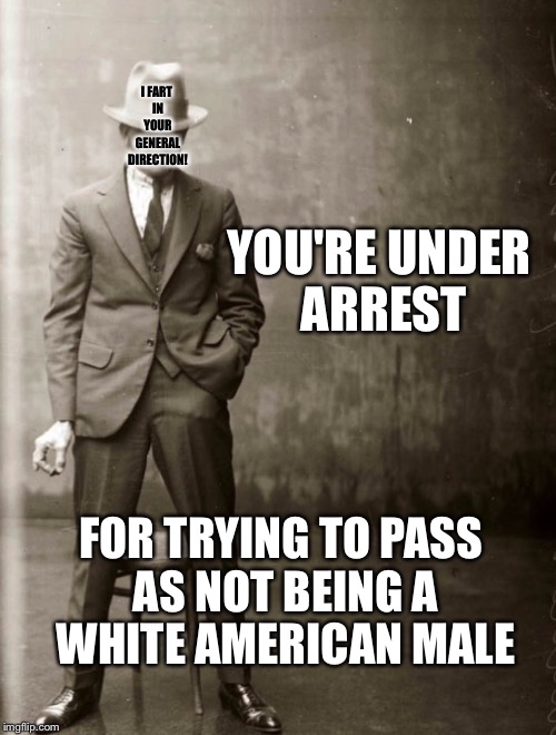 Government Agent Man | YOU'RE UNDER ARREST FOR TRYING TO PASS AS NOT BEING A WHITE AMERICAN MALE I FART IN YOUR GENERAL DIRECTION! | image tagged in government agent man | made w/ Imgflip meme maker