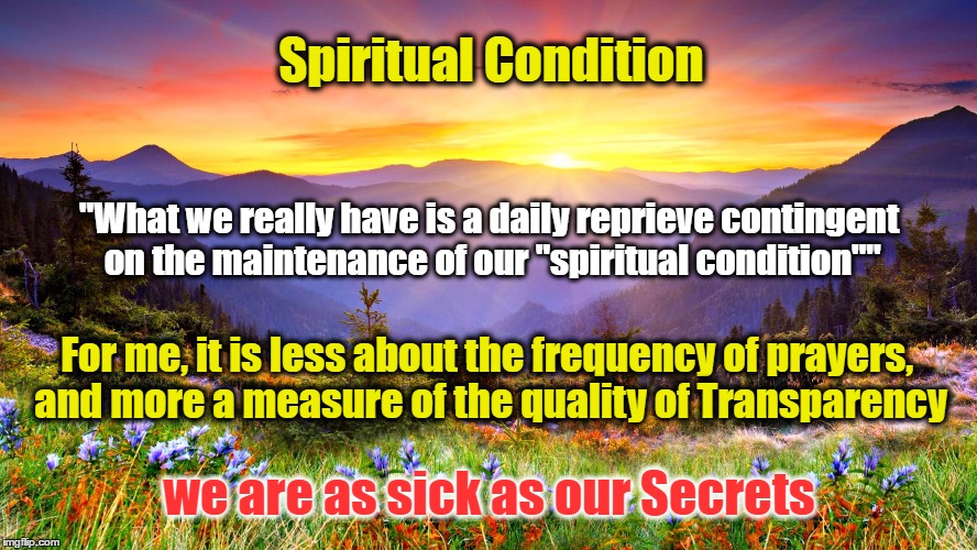 Spiritual Condition | Spiritual Condition; "What we really have is a daily reprieve contingent on the maintenance of our "spiritual condition""; For me, it is less about the frequency of prayers, and more a measure of the quality of Transparency; we are as sick as our Secrets | image tagged in sunrise,spiritual,condition,transparency | made w/ Imgflip meme maker