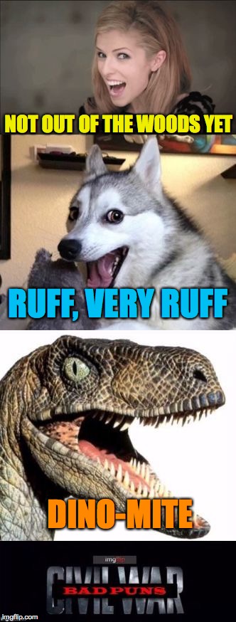 So, tell me, how do you think the bad pun wars are going for you? | NOT OUT OF THE WOODS YET; RUFF, VERY RUFF; DINO-MITE | image tagged in imgflip anna kendrick bad pun dog philosoraptor bad puns civil w | made w/ Imgflip meme maker