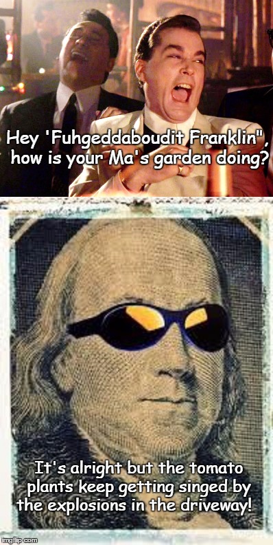 Good Fellow Franklin | Hey 'Fuhgeddaboudit Franklin", how is your Ma's garden doing? It's alright but the tomato plants keep getting singed by the explosions in the driveway! | image tagged in memes,funny,og | made w/ Imgflip meme maker