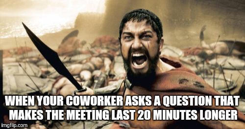 Sparta Leonidas | WHEN YOUR COWORKER ASKS A QUESTION THAT MAKES THE MEETING LAST 20 MINUTES LONGER | image tagged in memes,sparta leonidas | made w/ Imgflip meme maker