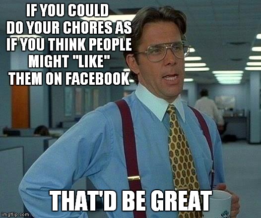 That Would Be Great Meme | IF YOU COULD DO YOUR CHORES AS IF YOU THINK PEOPLE MIGHT "LIKE" THEM ON FACEBOOK THAT'D BE GREAT | image tagged in memes,that would be great | made w/ Imgflip meme maker
