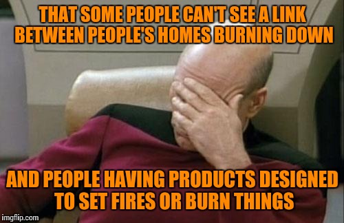 Captain Picard Facepalm Meme | THAT SOME PEOPLE CAN'T SEE A LINK BETWEEN PEOPLE'S HOMES BURNING DOWN AND PEOPLE HAVING PRODUCTS DESIGNED TO SET FIRES OR BURN THINGS | image tagged in memes,captain picard facepalm | made w/ Imgflip meme maker