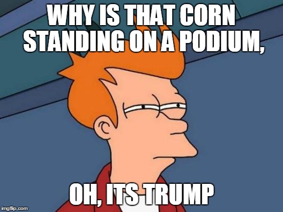 Futurama Fry | WHY IS THAT CORN STANDING ON A PODIUM, OH, ITS TRUMP | image tagged in memes,futurama fry | made w/ Imgflip meme maker