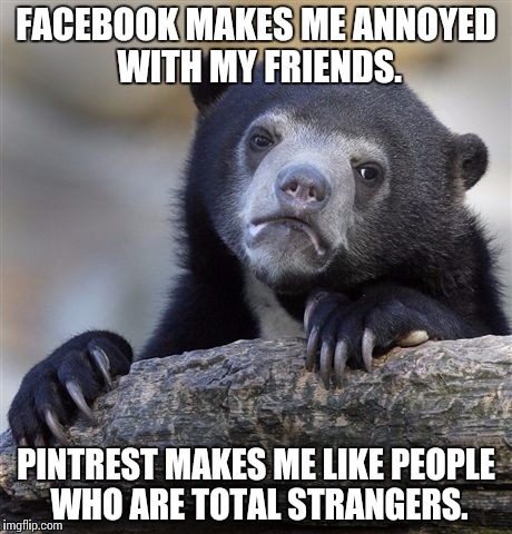 Confession Bear Meme | FACEBOOK MAKES ME ANNOYED WITH MY FRIENDS. PINTREST MAKES ME LIKE PEOPLE WHO ARE TOTAL STRANGERS. | image tagged in memes,confession bear | made w/ Imgflip meme maker