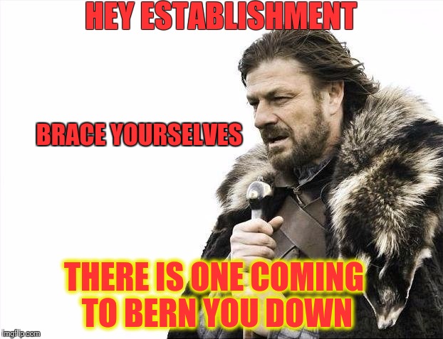 Brace Yourselves X is Coming | HEY ESTABLISHMENT; BRACE YOURSELVES; THERE IS ONE COMING TO BERN YOU DOWN | image tagged in memes,brace yourselves x is coming | made w/ Imgflip meme maker