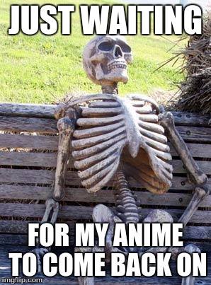 Crunchyroll without any premium | JUST WAITING; FOR MY ANIME TO COME BACK ON | image tagged in memes,waiting skeleton | made w/ Imgflip meme maker