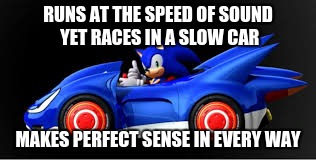 RUNS AT THE SPEED OF SOUND YET RACES IN A SLOW CAR; MAKES PERFECT SENSE IN EVERY WAY | image tagged in really sega | made w/ Imgflip meme maker