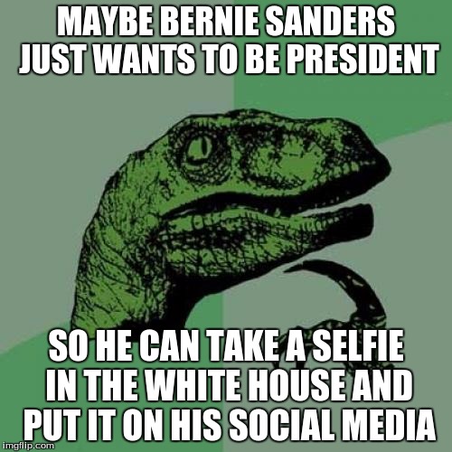 Philosoraptor | MAYBE BERNIE SANDERS JUST WANTS TO BE PRESIDENT; SO HE CAN TAKE A SELFIE IN THE WHITE HOUSE AND PUT IT ON HIS SOCIAL MEDIA | image tagged in memes,philosoraptor | made w/ Imgflip meme maker