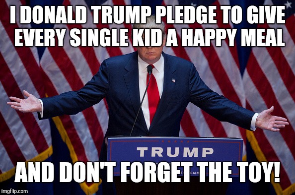 Donald Trump | I DONALD TRUMP PLEDGE TO GIVE EVERY SINGLE KID A HAPPY MEAL; AND DON'T FORGET THE TOY! | image tagged in donald trump | made w/ Imgflip meme maker