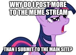 twilight confused | WHY DO I POST MORE TO THE MEME STREAM; THAN I SUBMIT TO THE MAIN SITE? | image tagged in twilight confused | made w/ Imgflip meme maker