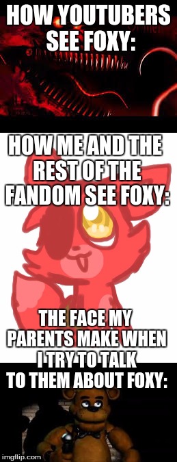 My obsession with Foxy: | HOW YOUTUBERS SEE FOXY:; HOW ME AND THE REST OF THE FANDOM SEE FOXY:; THE FACE MY PARENTS MAKE WHEN I TRY TO TALK TO THEM ABOUT FOXY: | image tagged in fnaf,memes,foxy five nights at freddy's,foxy the pirate,kawaii,youtube | made w/ Imgflip meme maker