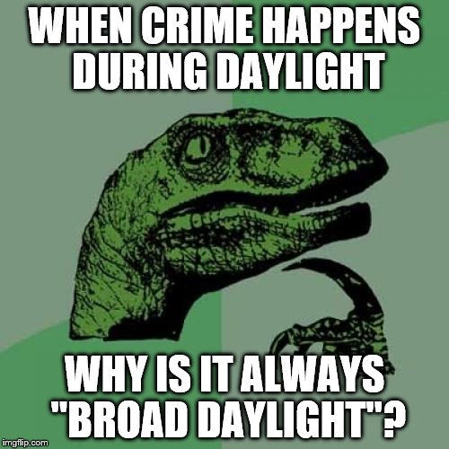"The crime took place in broad daylight..." | WHEN CRIME HAPPENS DURING DAYLIGHT; WHY IS IT ALWAYS "BROAD DAYLIGHT"? | image tagged in memes,philosoraptor,crime | made w/ Imgflip meme maker