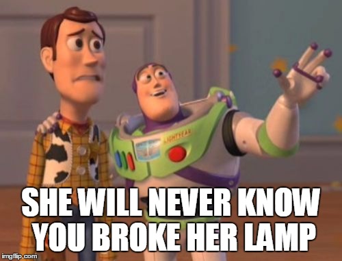 X, X Everywhere Meme | SHE WILL NEVER KNOW YOU BROKE HER LAMP | image tagged in memes,x x everywhere | made w/ Imgflip meme maker
