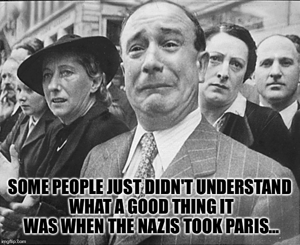 French man crying understandably | SOME PEOPLE JUST DIDN'T UNDERSTAND WHAT A GOOD THING IT WAS WHEN THE NAZIS TOOK PARIS... | image tagged in french man crying understandably | made w/ Imgflip meme maker