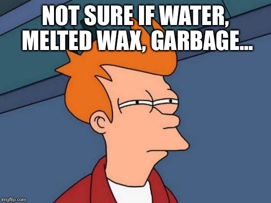 Futurama Fry Meme | NOT SURE IF WATER, MELTED WAX, GARBAGE... | image tagged in memes,futurama fry | made w/ Imgflip meme maker