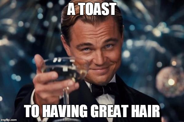 Leonardo Dicaprio Cheers Meme | A TOAST; TO HAVING GREAT HAIR | image tagged in memes,leonardo dicaprio cheers | made w/ Imgflip meme maker