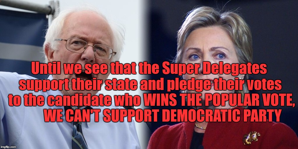 Hillary and Bernie | Until we see that the Super Delegates support their state and pledge their votes  to the candidate who WINS THE POPULAR VOTE,           WE CAN'T SUPPORT DEMOCRATIC PARTY | image tagged in hillary and bernie | made w/ Imgflip meme maker