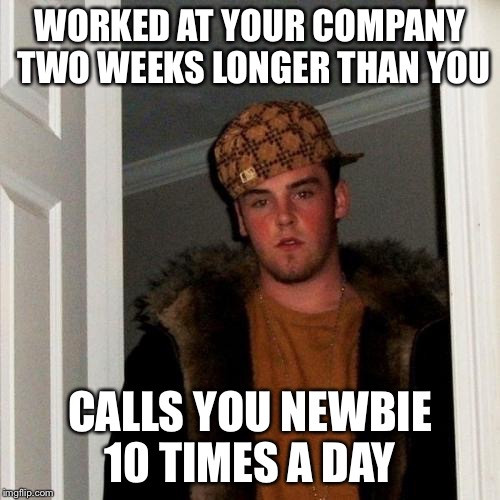 Scumbag Steve Meme | WORKED AT YOUR COMPANY TWO WEEKS LONGER THAN YOU; CALLS YOU NEWBIE 10 TIMES A DAY | image tagged in memes,scumbag steve,AdviceAnimals | made w/ Imgflip meme maker