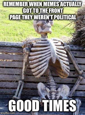Waiting Skeleton Meme | REMEMBER WHEN MEMES ACTUALLY GOT TO THE FRONT PAGE THEY WEREN'T POLITICAL GOOD TIMES | image tagged in memes,waiting skeleton | made w/ Imgflip meme maker