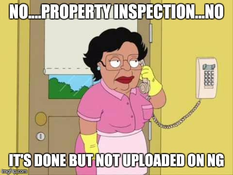 Consuela | NO....PROPERTY INSPECTION...NO; IT'S DONE BUT NOT UPLOADED ON NG | image tagged in memes,consuela | made w/ Imgflip meme maker