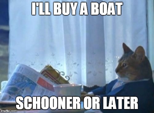 I Should Buy A Boat Cat Meme | I'LL BUY A BOAT; SCHOONER OR LATER | image tagged in memes,i should buy a boat cat,terrible pun,bad pun,puns,boat | made w/ Imgflip meme maker