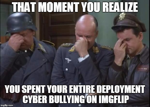 Hogan's Heroes facepalm | THAT MOMENT YOU REALIZE; YOU SPENT YOUR ENTIRE DEPLOYMENT CYBER BULLYING ON IMGFLIP | image tagged in hogan's heroes facepalm | made w/ Imgflip meme maker