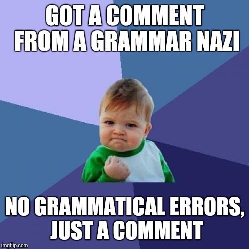 Success Kid Meme | GOT A COMMENT FROM A GRAMMAR NAZI NO GRAMMATICAL ERRORS, JUST A COMMENT | image tagged in memes,success kid | made w/ Imgflip meme maker
