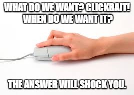 click bait | WHAT DO WE WANT? CLICKBAIT! WHEN DO WE WANT IT? THE ANSWER WILL SHOCK YOU. | image tagged in click bait | made w/ Imgflip meme maker