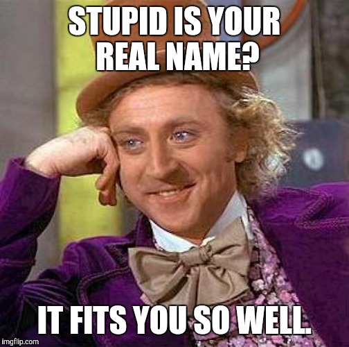 Creepy Condescending Wonka Meme | STUPID IS YOUR REAL NAME? IT FITS YOU SO WELL. | image tagged in memes,creepy condescending wonka | made w/ Imgflip meme maker