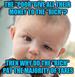 Skeptical Baby Meme | THE "POOR"GIVE ALL THEIR MONEY TO THE "RICH"? THEN WHY DO THE "RICH" PAY THE MAJORITY OF TAXES | image tagged in memes,skeptical baby | made w/ Imgflip meme maker