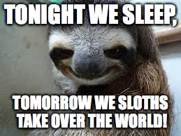 Evil Sloth |  TONIGHT WE SLEEP, TOMORROW WE SLOTHS TAKE OVER THE WORLD! | image tagged in creepy sloth,sloth take over | made w/ Imgflip meme maker