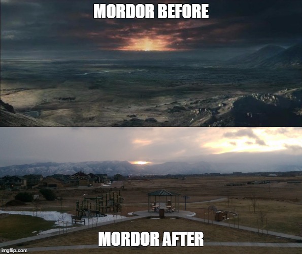 Mordor Before and After | MORDOR BEFORE; MORDOR AFTER | image tagged in mordor,before and after,the hobbit,hobbits,colorado,sunset | made w/ Imgflip meme maker