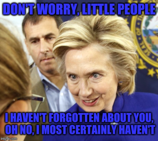 Alien Hillary | DON'T WORRY, LITTLE PEOPLE; I HAVEN'T FORGOTTEN ABOUT YOU, OH NO, I MOST CERTAINLY HAVEN'T | image tagged in alien hillary | made w/ Imgflip meme maker