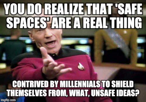 Picard Wtf Meme | YOU DO REALIZE THAT 'SAFE SPACES' ARE A REAL THING; CONTRIVED BY MILLENNIALS TO SHIELD THEMSELVES FROM, WHAT, UNSAFE IDEAS? | image tagged in memes,picard wtf | made w/ Imgflip meme maker
